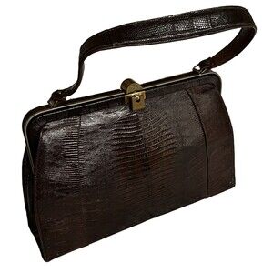 Vintage 50's Tegu Lizard Skin Kelly Hand Bag Mahogany Brushed Metal Clasp 14x9x4